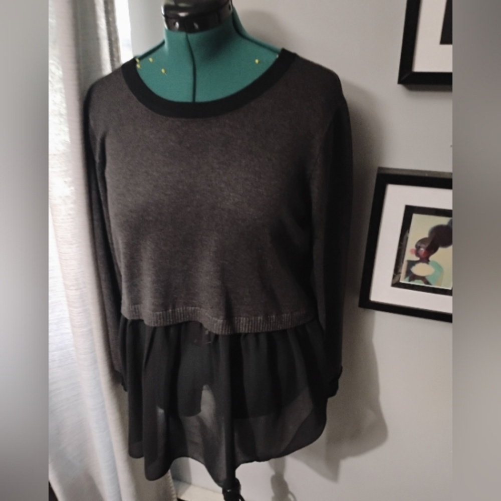 Patrizia Luca Charcoal Grey & Black Chiffon Hem Two-fer Sweater Sz L NWT